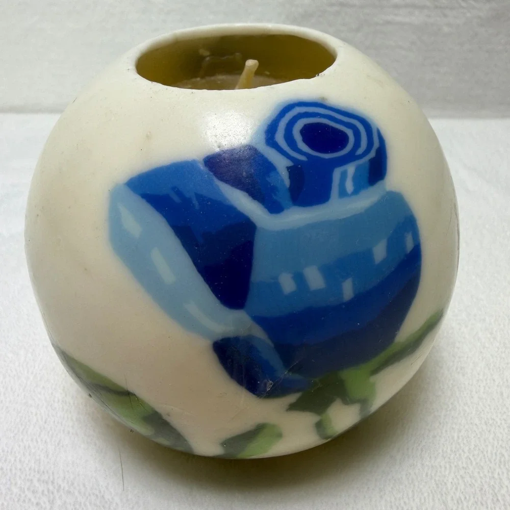 Lifelines Sculpted Candle Round Sphere Blue Floral Rose White Wax Art Decor